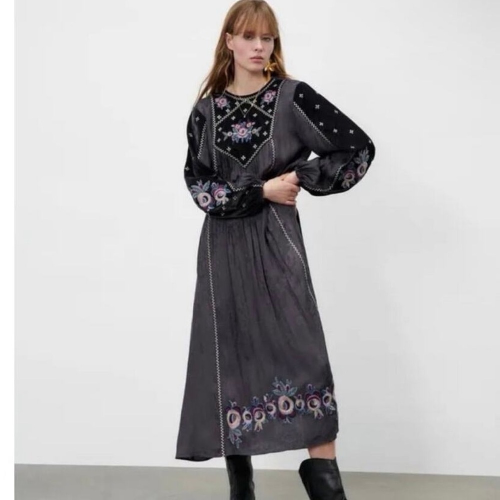 Zara Embroidered Black Maxi Dress Boho Velvet Floral Flowers Midi to Maxi Length